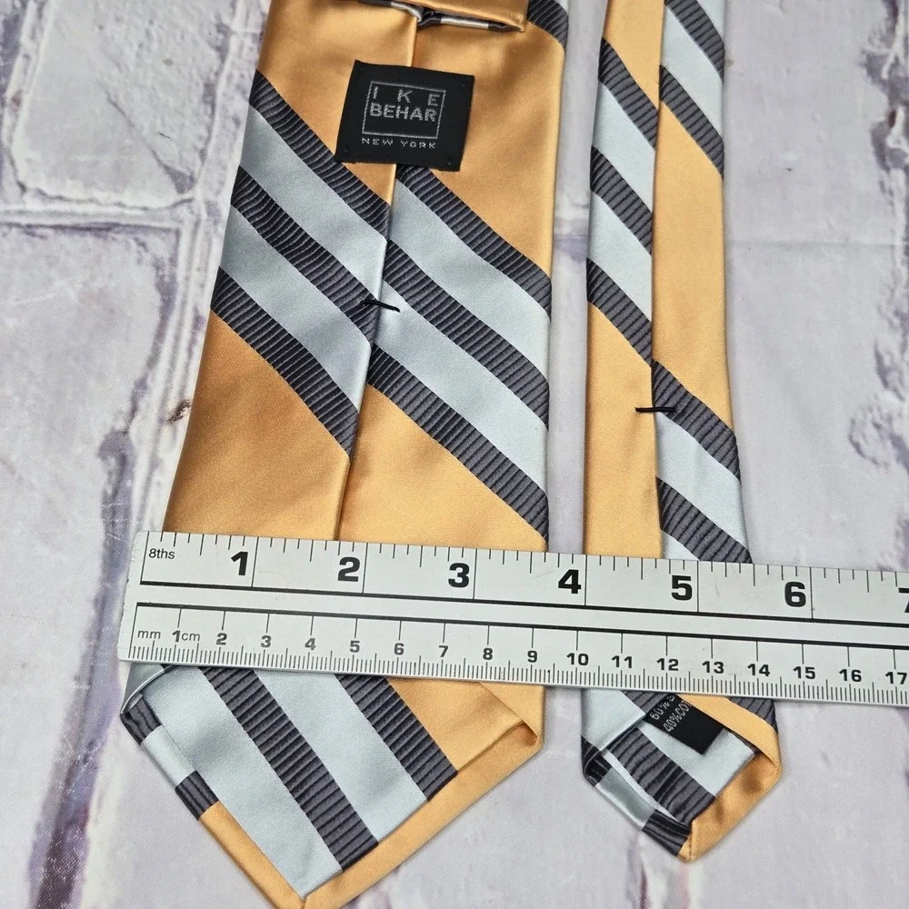 Ike Behar Tie Gold Silver Grey Striped Silk Cotton Blend Business Dress Mens